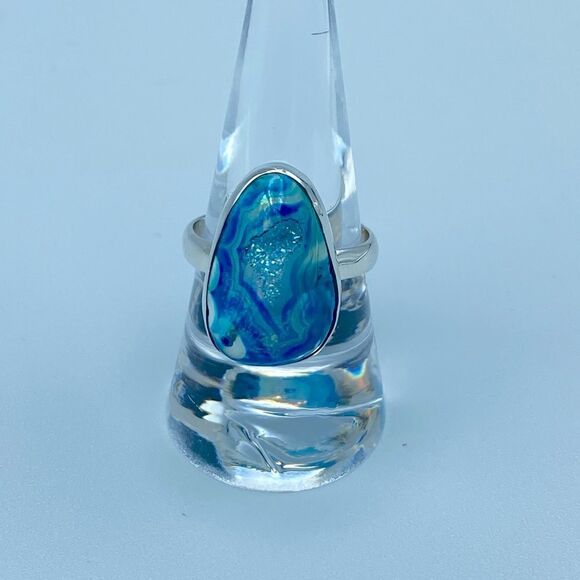 Marine Blue Aura Druzy Sterling Silver Ring Jewelry Size 9 - Picture 1 of 8